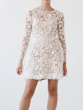 Sarah Seven White Floral Guipure Lace Long-Sleeve Mini Dress